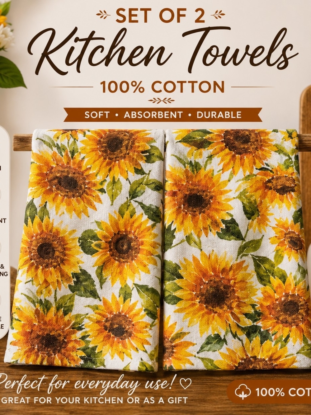 Sunflower Print Cotton Kitchen Towels Set of 2 - Gold/Green